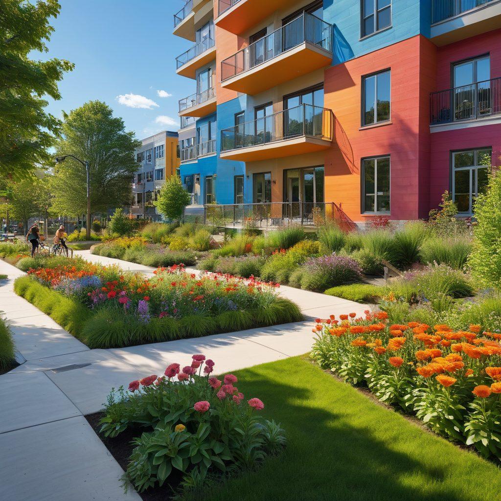 A vibrant and inviting scene showcasing the exterior of modern Somerville condominiums, surrounded by lush green parks and happy residents engaging in various activities like yoga, picnics, and biking. Include bright flowers in bloom and colorful murals on the buildings, capturing the essence of joyful living. The sky should be clear with a warm sun shining down. super-realistic. vibrant colors. 3D.