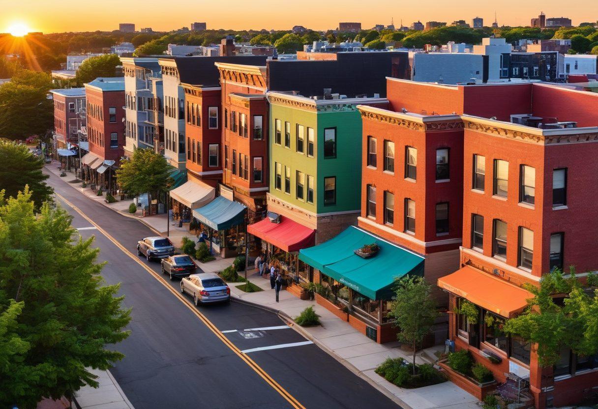 A dynamic cityscape showcasing Somerville's diverse housing options, including modern apartments and charming brownstones, intertwined with lush green parks and vibrant street life. Add a skyline view with a sunset backdrop, highlighting urban connectivity and community spirit. Illustrate people engaging in local markets and outdoor cafes, fostering a sense of neighborhood. digital art. vibrant colors. urban style.